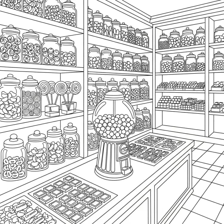 Black and white candy shop coloring page