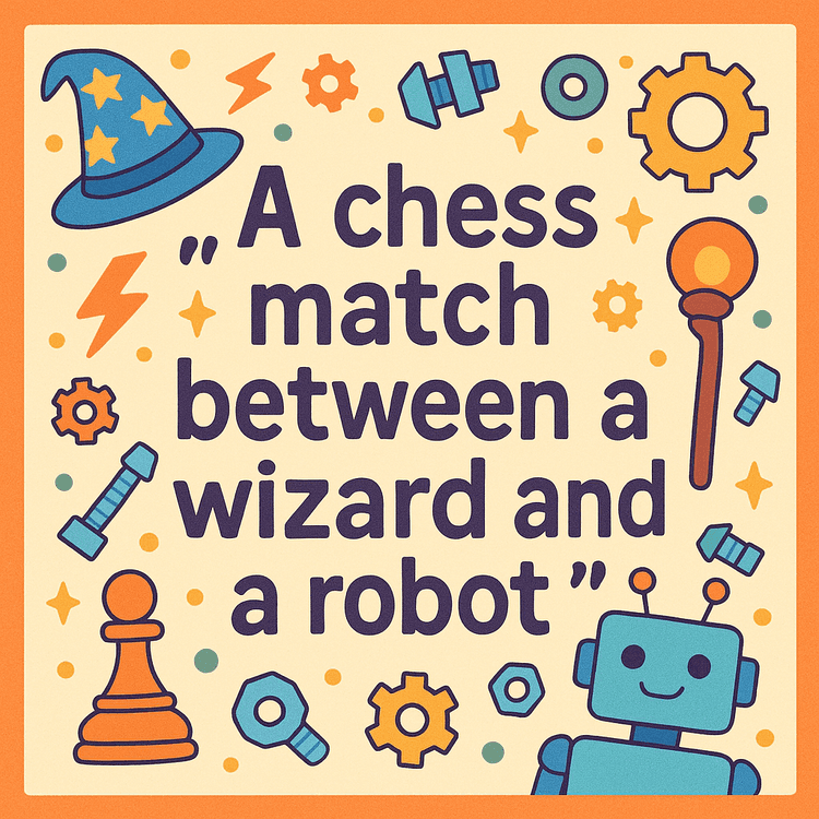 A quote with machical and mecanical trinkets flying around, saying 'A chess match between a wizard and a robot'