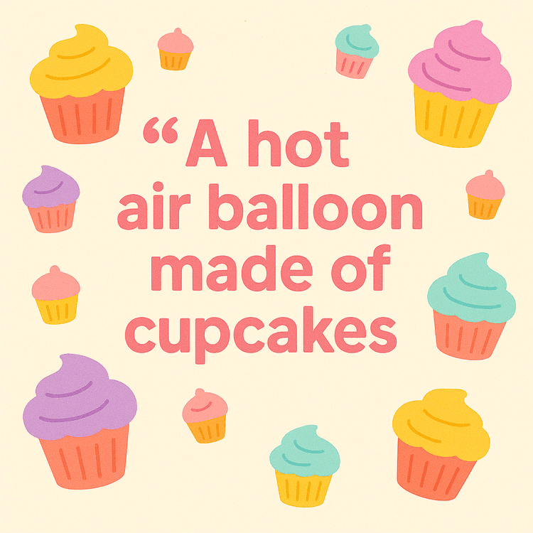 A quote saying 'A hot air balloon made of cupcakes' with cupcakes floating all around