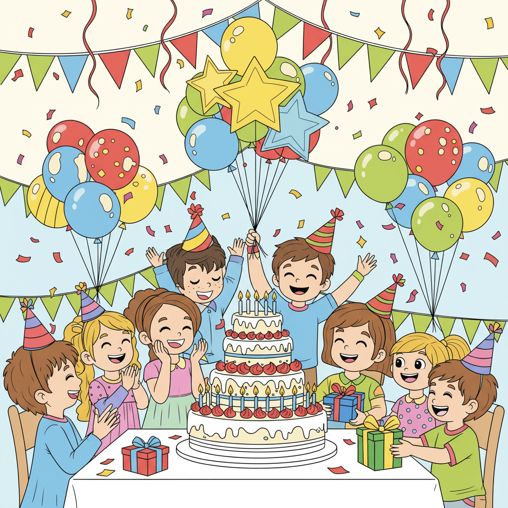 Indoor birthday party with children gathered around a multi-tiered cake with candles and decorative frosting swirls on a table; some kids clapping and laughing, others holding small wrapped gifts; round and star balloons near the ceiling and tied to furniture; streamers and confetti in the background