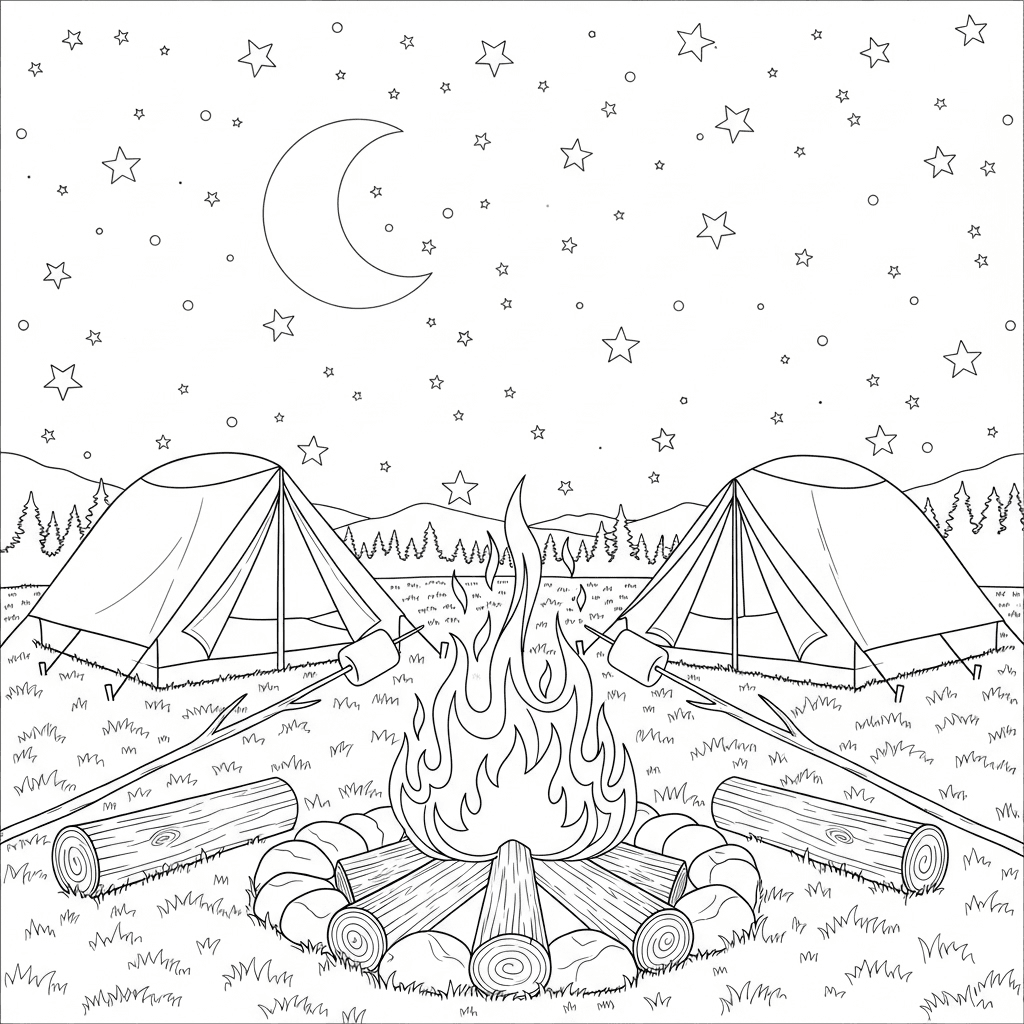 Serene outdoor campfire scene with logs arranged around a crackling fire; two sticks with marshmallows held toward the flames; background with two dome tents on grass showing fabric folds and poles; vast night sky filled with stars and a crescent moon; distant tree silhouettes on the horizon