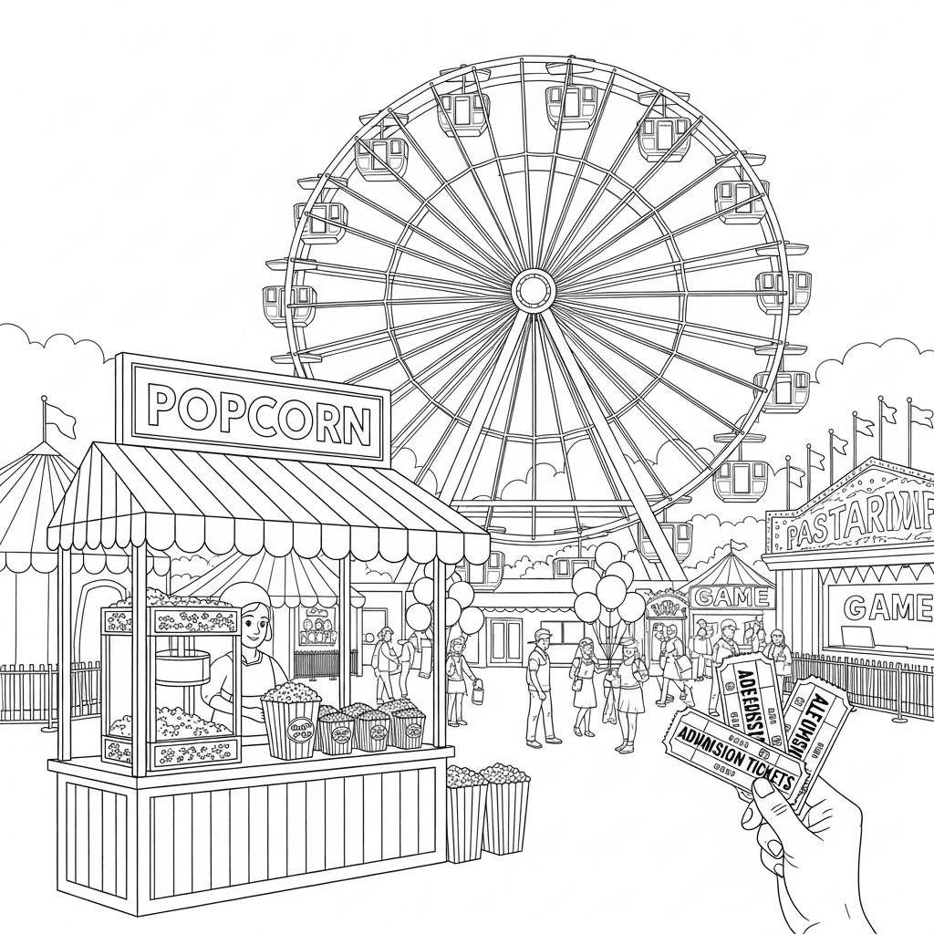 Bustling community fair with a grand ferris wheel of multiple gondolas in the background; foreground popcorn stand with striped awning, counter of bags and boxes, and a vendor; a hand holding a stack of admission tickets; midground fairgoers, balloons, and smaller game tents
