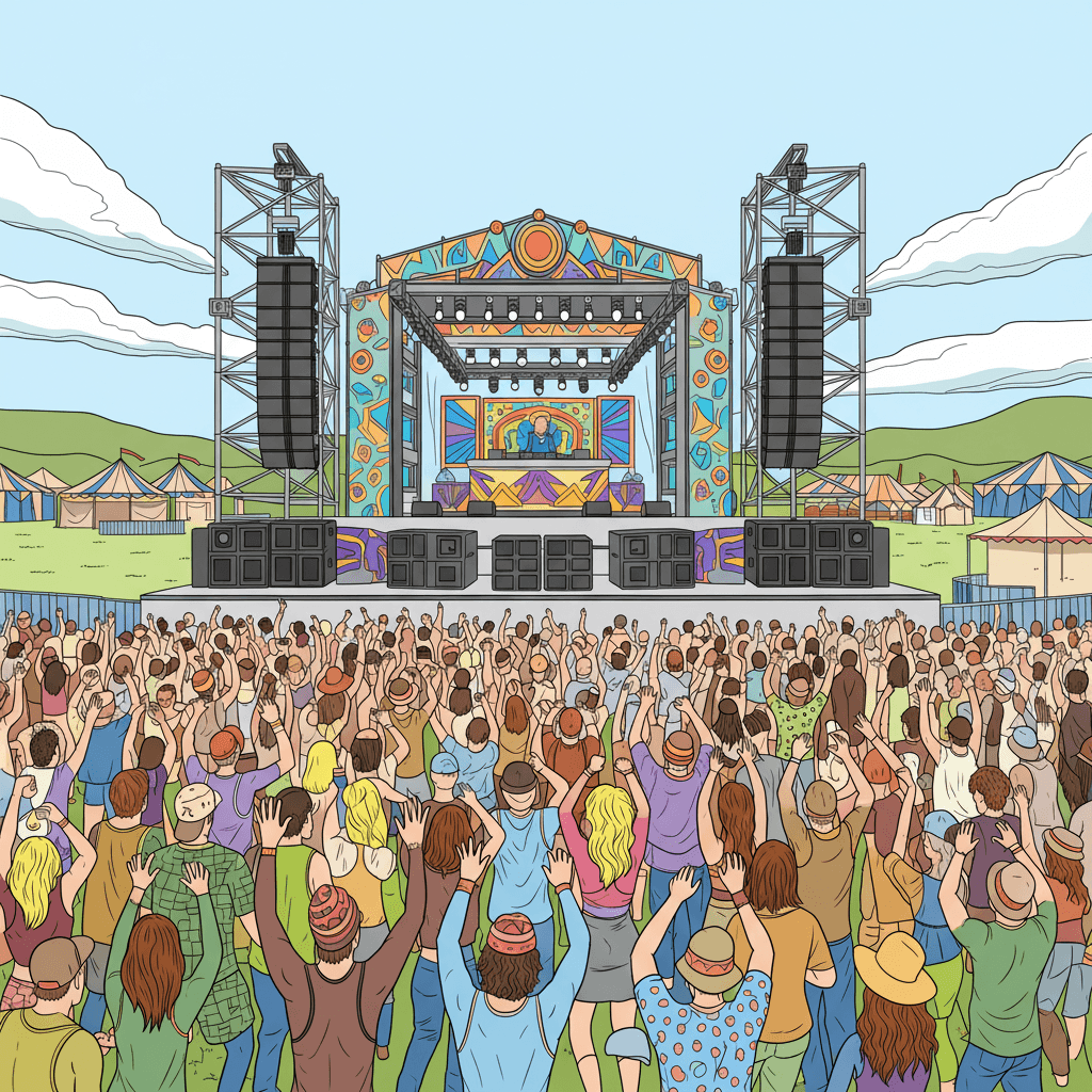 Dynamic music festival with a grand elevated multi-tier stage and intricate backdrop; towering speaker stacks with detailed grilles and supports; foreground packed crowd of diverse figures dancing and cheering with raised hands, varied headwear and clothing patterns; open field with smaller tents and structures under an expansive sky