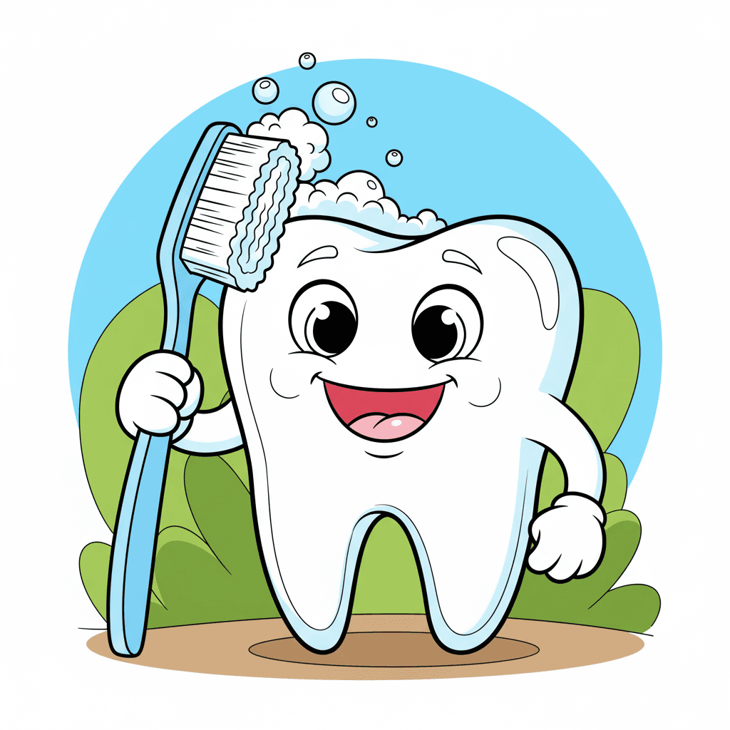 Cheerful anthropomorphic tooth with a wide smile and expressive eyes holding a large toothbrush; bristles against the tooth with small bubbles suggesting foam; simple uncluttered background