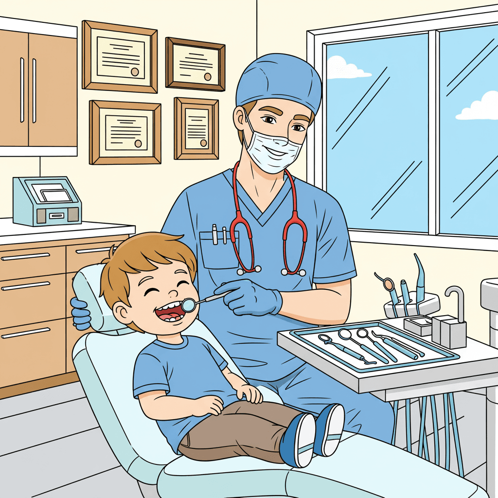 Dental office scene with a smiling dentist in scrubs holding a small dental mirror near a young patient's open mouth; child relaxed in a reclined chair; instrument tray nearby; sleek cabinets, framed certificates, and a large window in the background