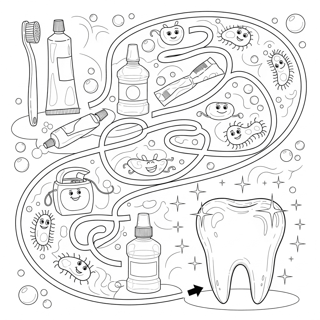 Winding maze starting at a toothbrush and toothpaste tube, path passes dental floss, mouthwash bottles, and friendly bacteria characters, ending at a large sparkling tooth with starbursts; subtle bubbles and gentle curves in the background
