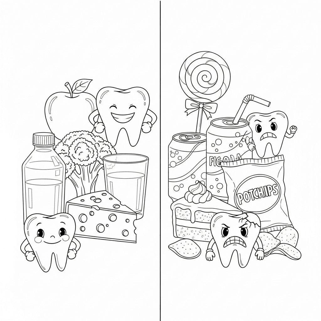 Split page showing tooth-friendly foods (apple, broccoli, cheese, milk, water bottle) with a smiling strong tooth; and sugary foods (lollipop, soda can, frosted cake slice, potato chips) with a frowning cracked tooth; simple background