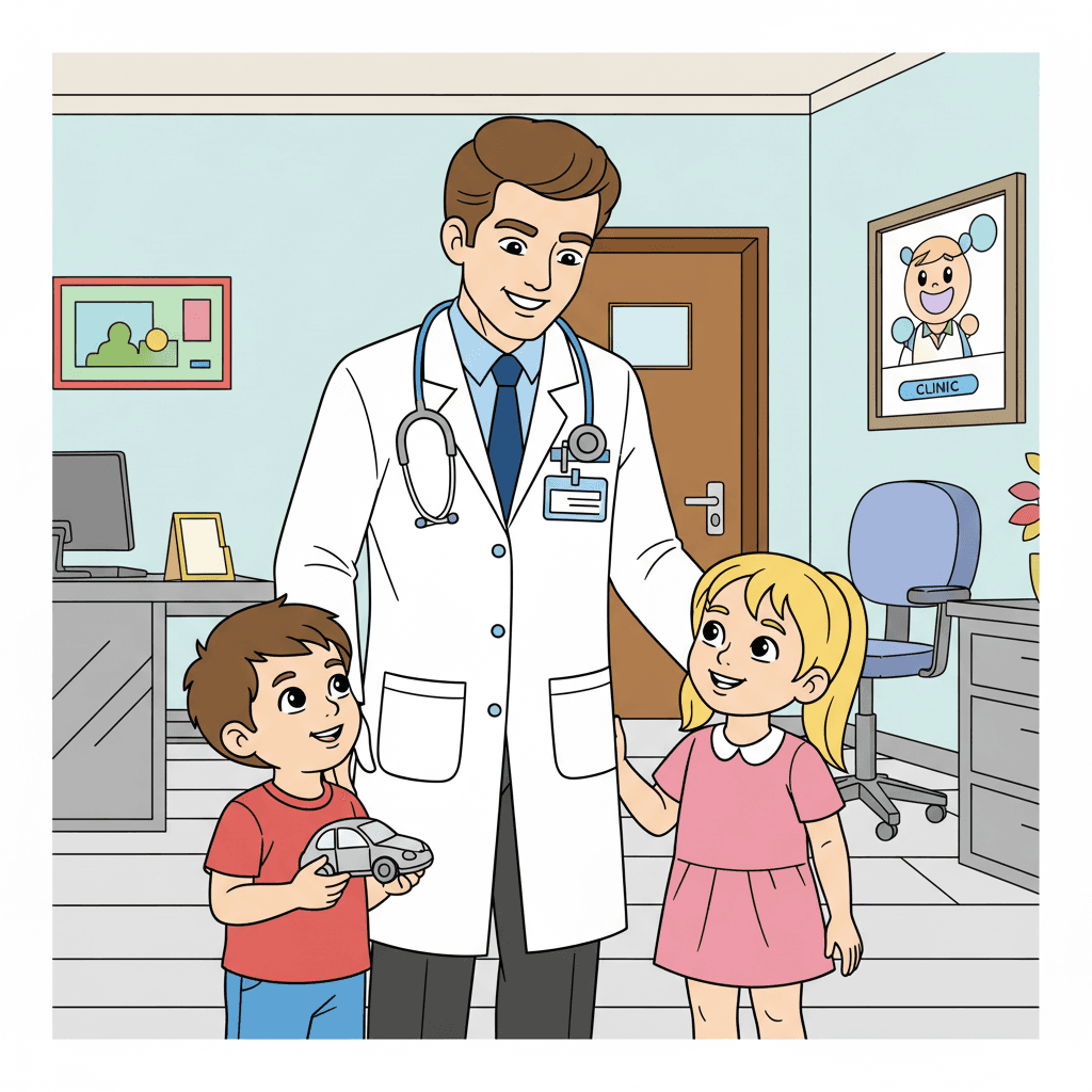 Friendly doctor in lab coat with stethoscope and name badge bends to engage two smiling children; boy holds a small toy car; girl stands beside with her arm linked; clinic backdrop with a simple desk, chair, and a cheerful framed picture