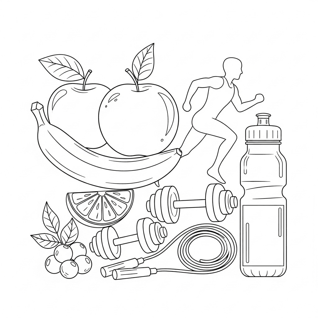Balanced composition of healthy lifestyle icons: apple with leaf, banana, orange slice, berry cluster with small leaves; runner silhouette, pair of dumbbells, coiled jump rope; sleek water bottle with subtle condensation; clean background