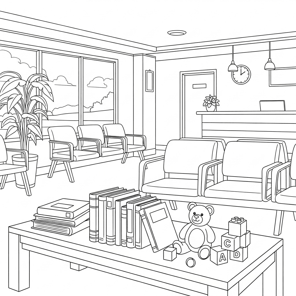 Hospital waiting room with individual chairs and a long bench; low table stacked with children's books, a teddy bear, and building blocks; reception desk with counter and wall clock; large window showing a simple outdoor scene; potted plant in the corner