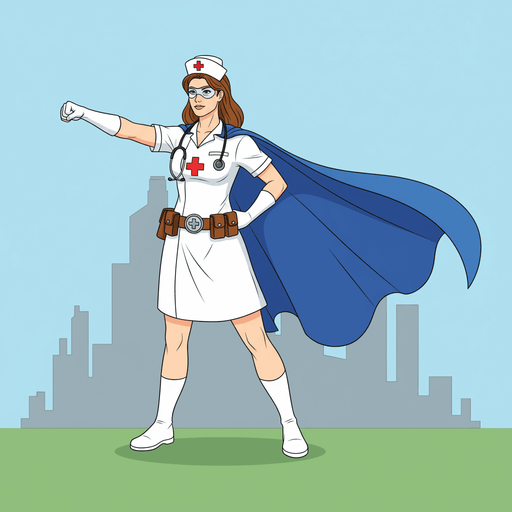 Heroic nurse superhero in dynamic pose with one arm extended and the other on hip; classic nurse cap and uniform with a chest medical cross emblem; stethoscope around neck; flowing cape, sturdy boots, utility belt with pouches; subtle abstract cityscape in background
