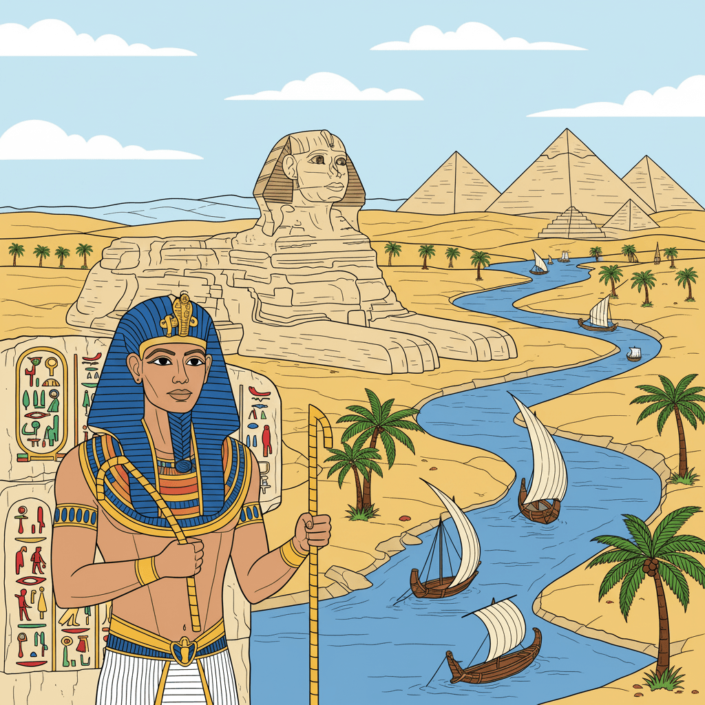 Ancient Egypt coloring page with pharaoh holding staff, Sphinx, three pyramids, Nile River with boats, palm trees, and hieroglyphs on stone tablets