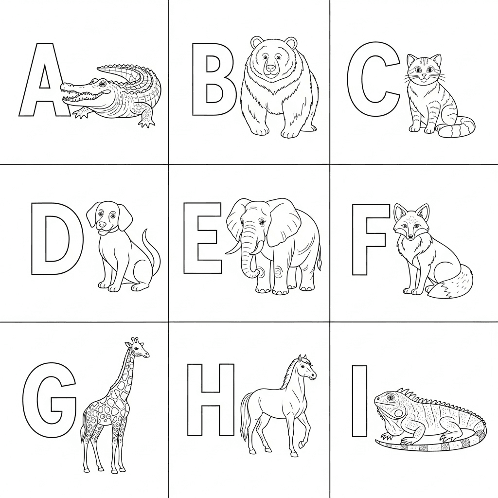 Nine-panel animal alphabet coloring page: large letters A–I each paired with an animal (alligator, bear, cat, dog, elephant, fox, giraffe, horse, iguana); clean backgrounds