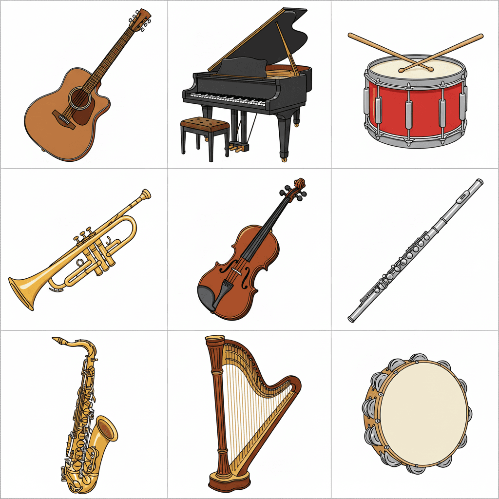 3x3 grid of musical instruments in bold outline: guitar, piano, drum, trumpet, violin, flute, saxophone, harp, tambourine