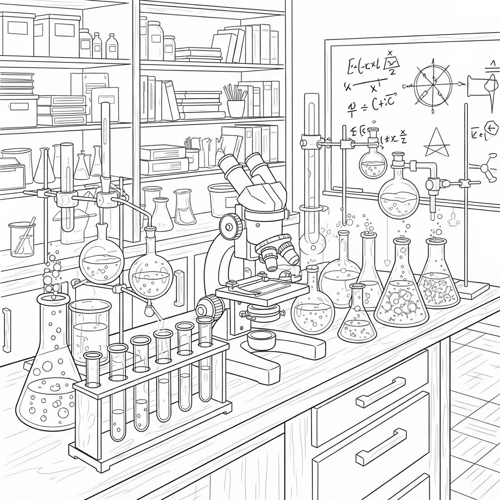 Science laboratory coloring page with workbench, beakers and flasks, test tubes in rack, prominent microscope, shelves of apparatus and books, chalkboard with equations, tiled floor and smooth walls