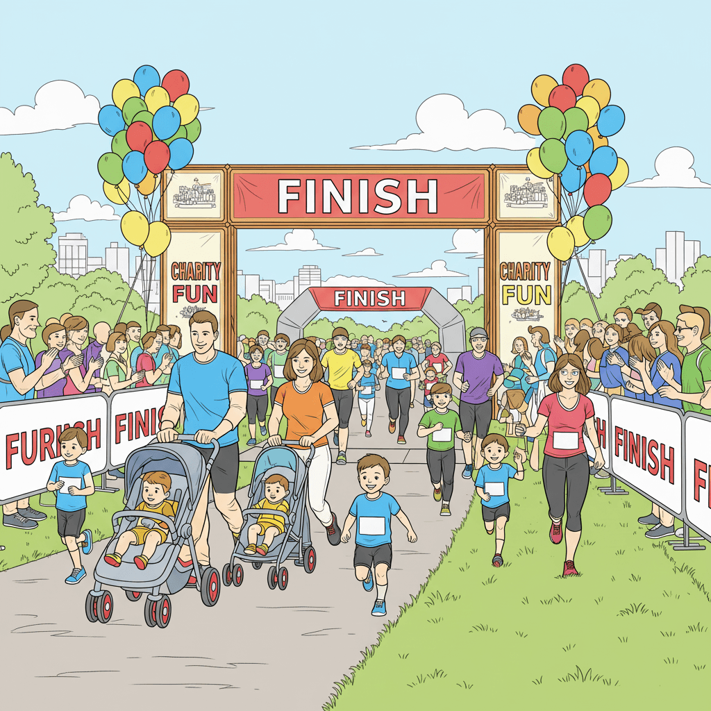 Charity fun run scene with families running: parents with strollers, older children jogging, varied adult paces; finish line arch with banners and balloons; spectators cheering; path and grass with distant trees and buildings