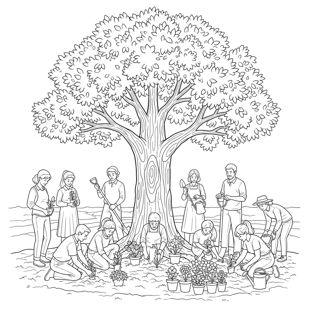Large mature tree with textured bark and full leafy canopy; diverse volunteers of various ages planting around the base with shovels, trowels, watering cans, and potted plants; freshly turned soil; subtle path or low fence in the background
