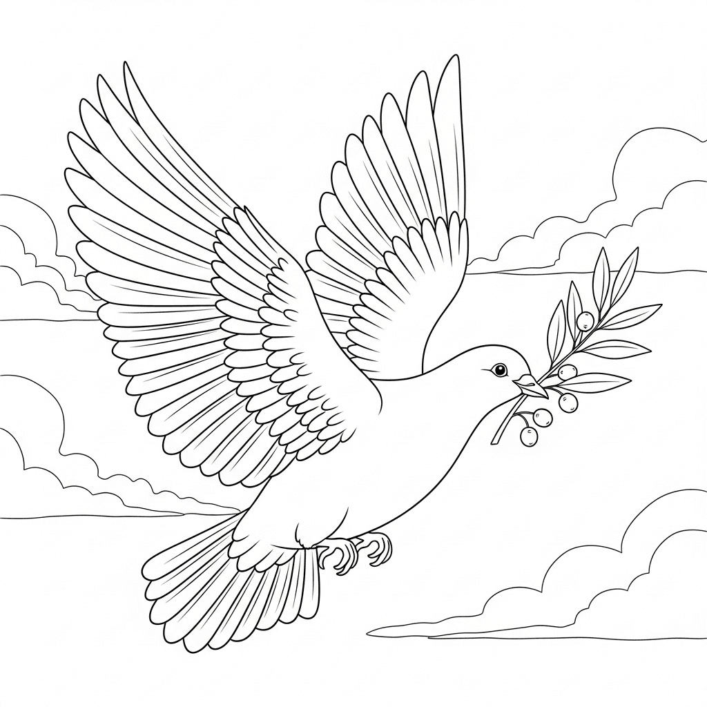 Graceful dove in flight with clearly defined feathers holding a slender olive branch with small leaves and berries; soft clouds suggest an open sky