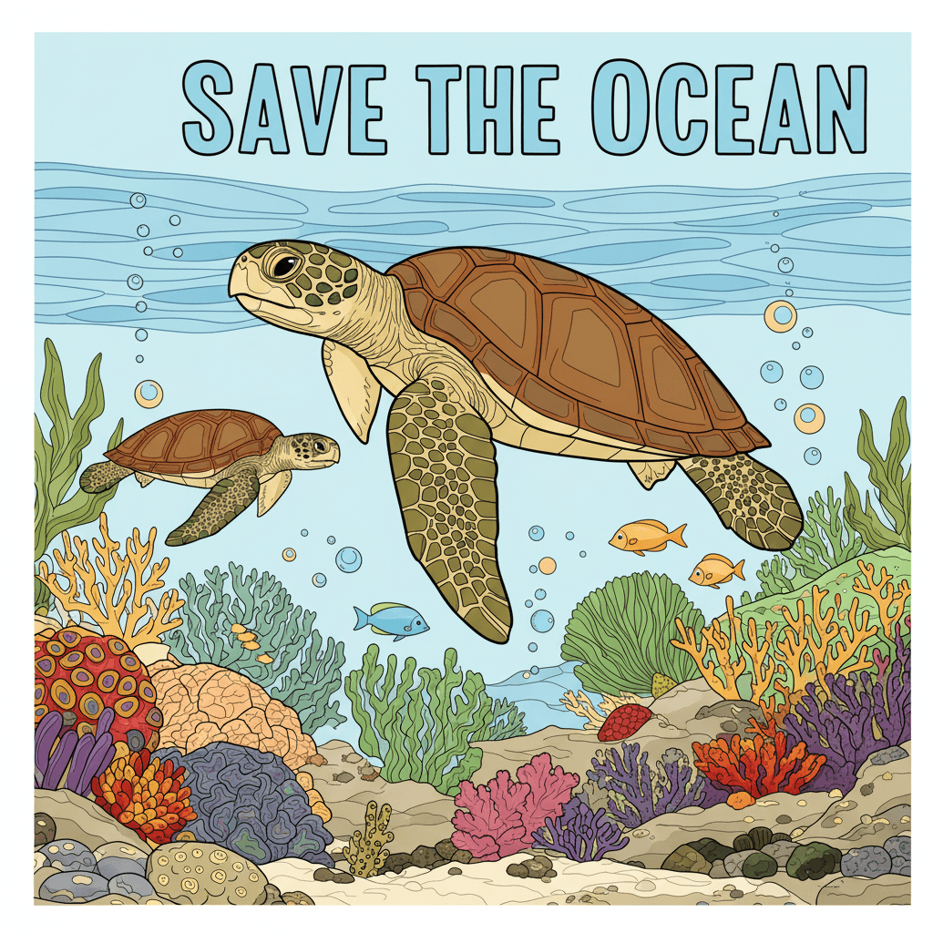 Two sea turtles swimming over a diverse coral reef with small fish and bubbles; stylized 'Save the Ocean' text above; bold line art