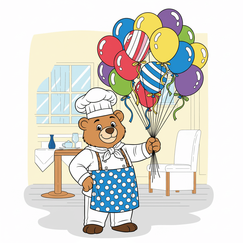 Bear chef mascot wearing a tall hat and patterned apron holding a bunch of festive balloons with ribbons; subtle table and chair outlines suggest a cozy restaurant interior
