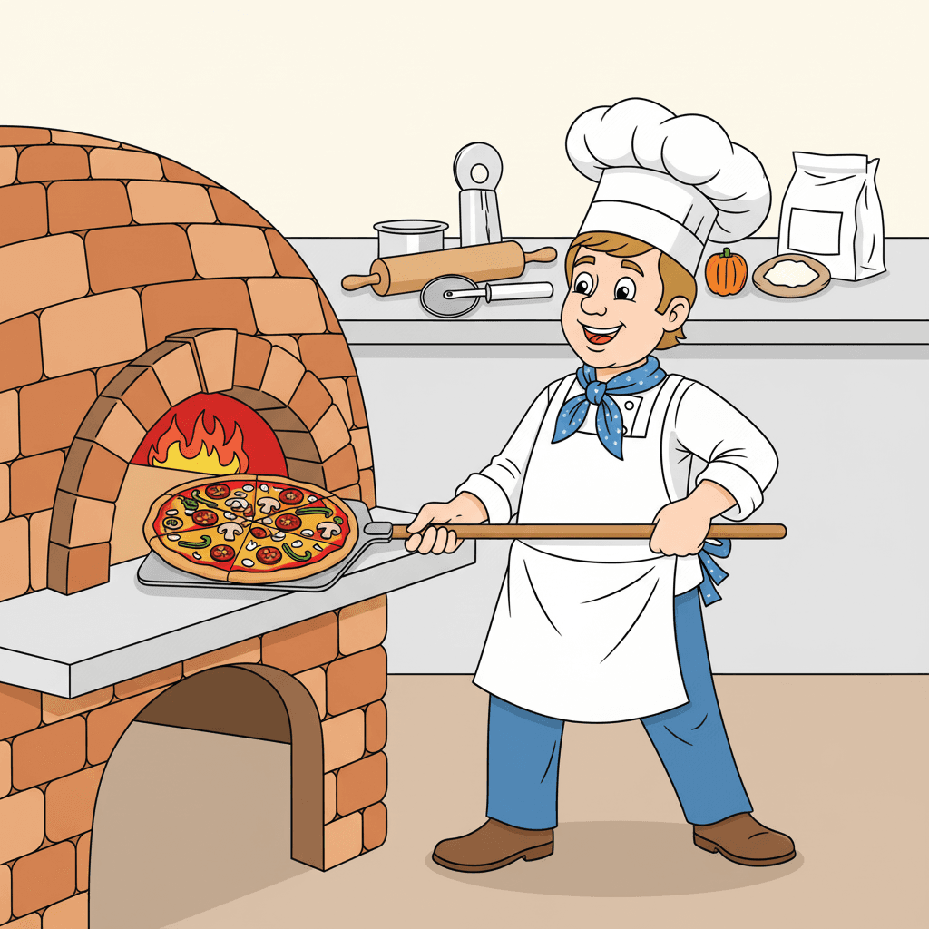 Cartoon chef with tall hat and apron sliding a topped pizza on a peel into an arched brick oven; kitchen counter behind with rolling pin, pizza cutter, and flour bag; warm oven interior