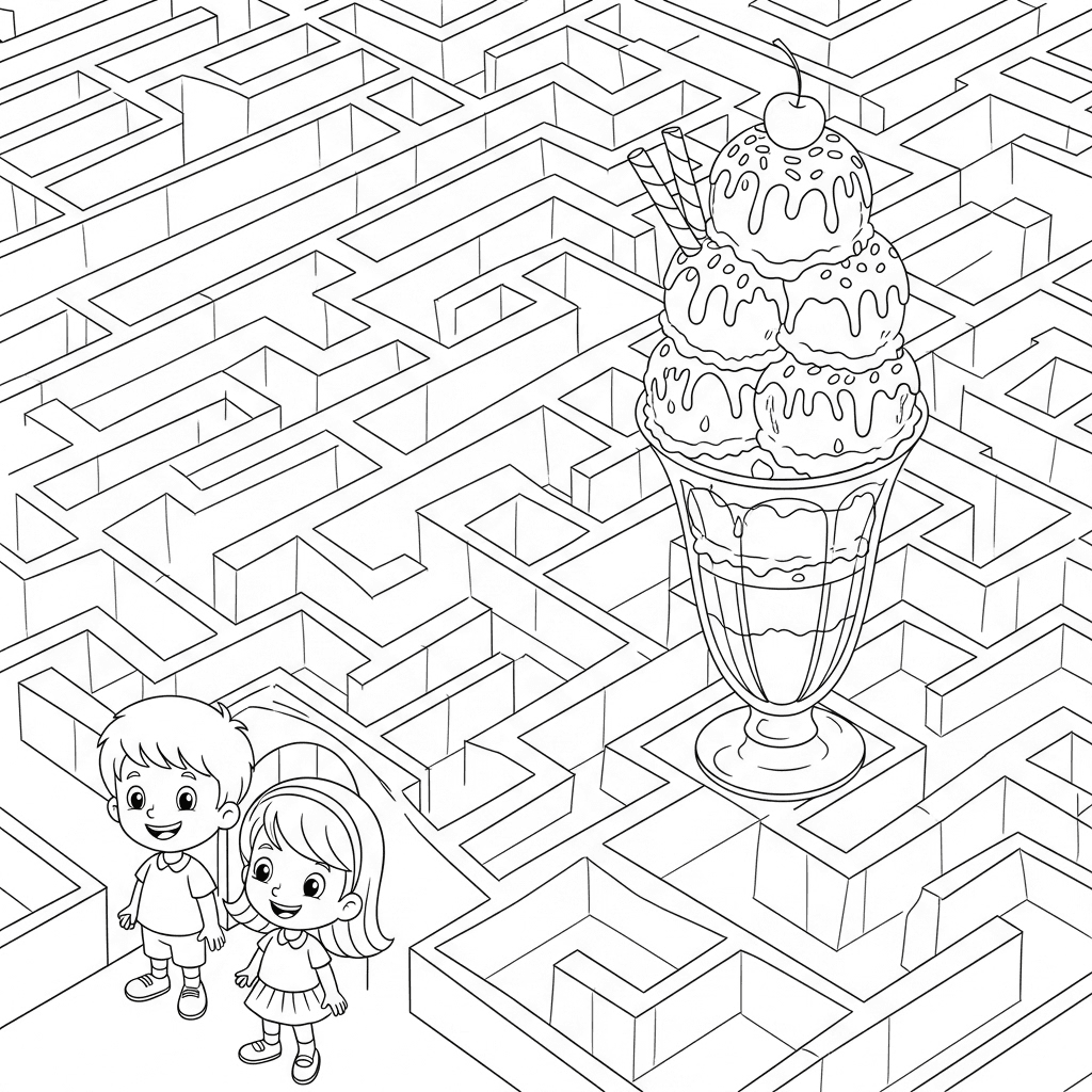 Overhead maze coloring page with two children at the entrance and a multi-layered ice cream sundae with cherry at the center; simple uniform maze walls