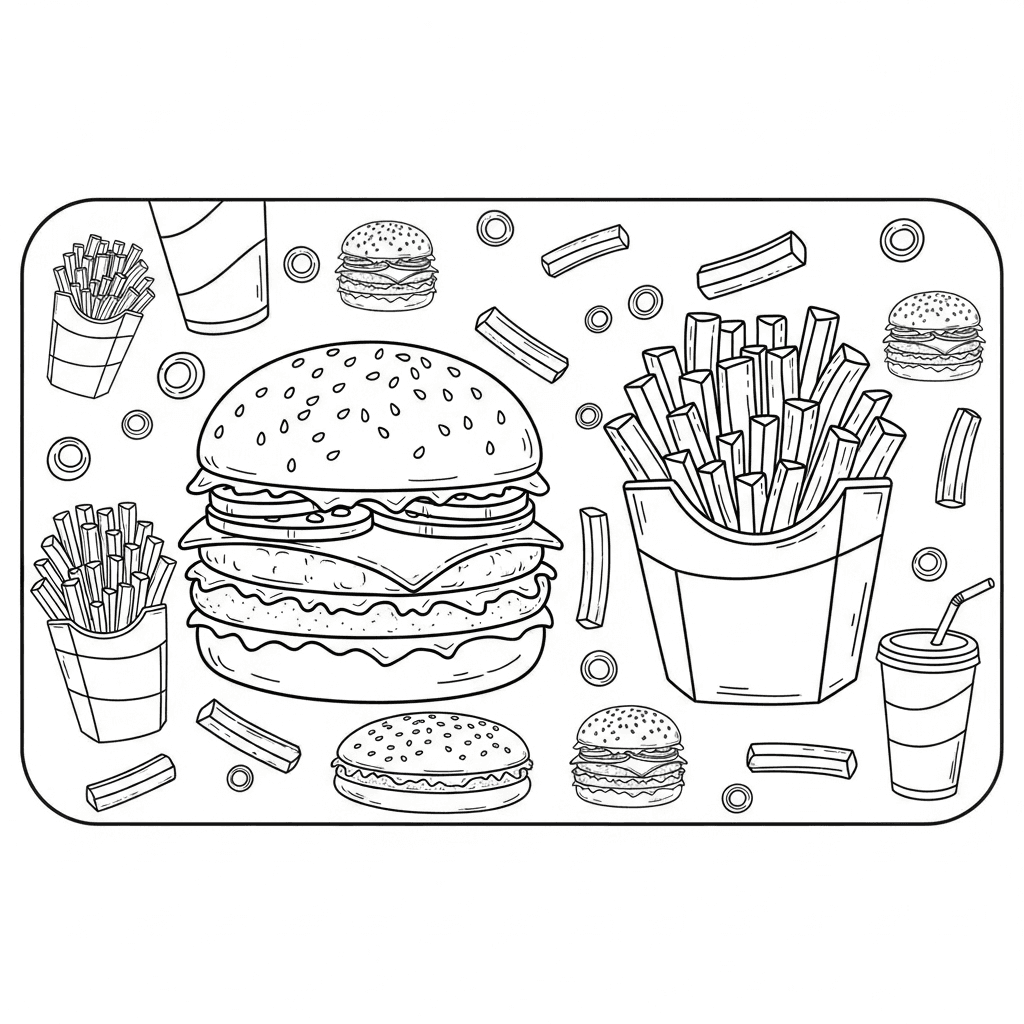 Kids placemat coloring page filled with cartoon burgers, crinkle-cut fries, scattered food doodles and a soda or milkshake cup