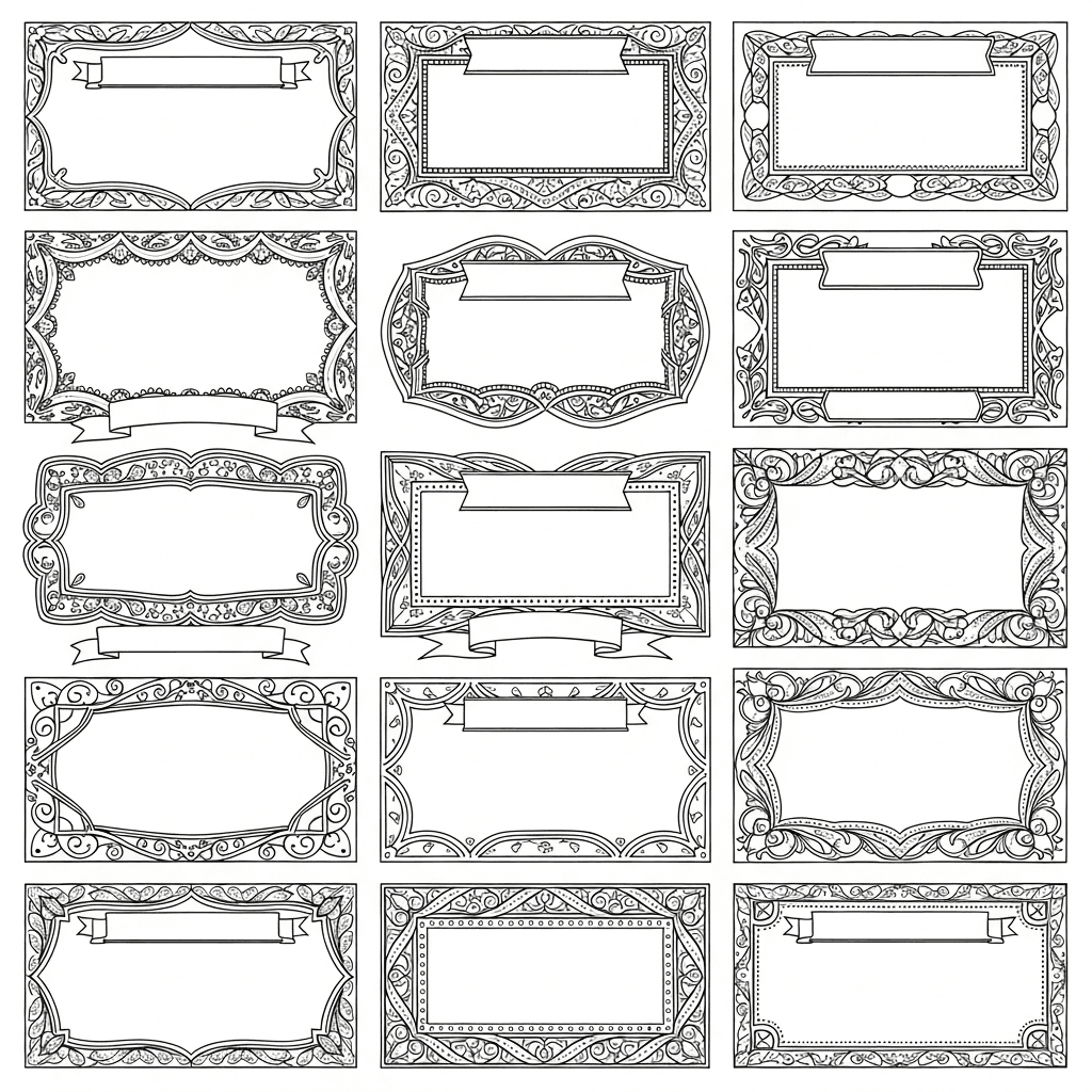 Multiple blank coupon templates on one page. Each coupon has a distinct decorative border: swirling vines, geometric motifs, and floral elements with dots, dashes, and leaf shapes. Some include small banners or ribbons for custom text. Centers are fully empty for personalized messages or drawings