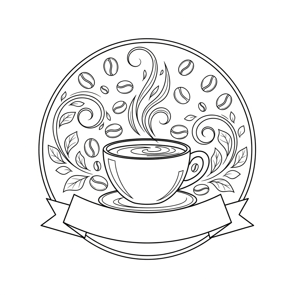 Stylized coffee shop logo with a classic cup and handle, delicate steam wisps, scattered coffee beans, swirling leaf motif, banner ready for text, all framed by a simple circular border