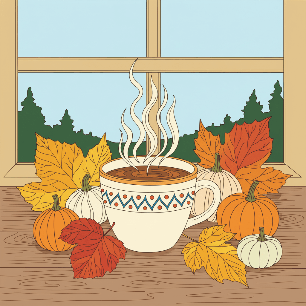 Steaming mug with a subtle pattern on a textured wooden surface; delicate steam tendrils; intricately veined autumn leaves overlapping; small round gourds; window frame with faint distant trees in the background