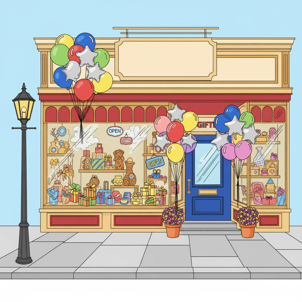Charming gift shop storefront with a large display window of figurines, trinkets, and wrapped boxes; round and star-shaped balloons at the facade and entrance; ornate hanging sign above the door; 'Open' and 'Gifts' signs in the window; wide sidewalk with a traditional lamppost and potted plants flanking the entrance