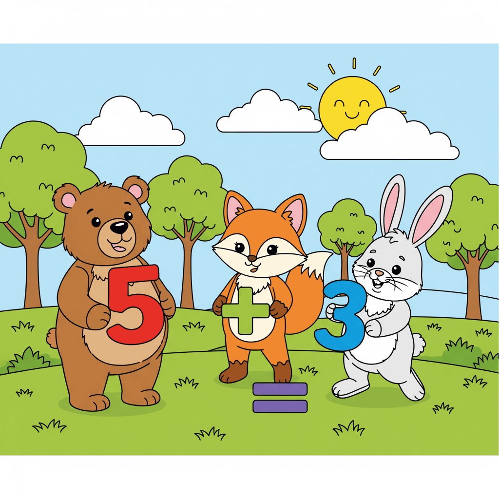 Cute animals with math symbols: bear holding number 5, fox with plus sign, rabbit with number 3, equals sign on ground, smiling sun, clouds, and trees in a grassy field