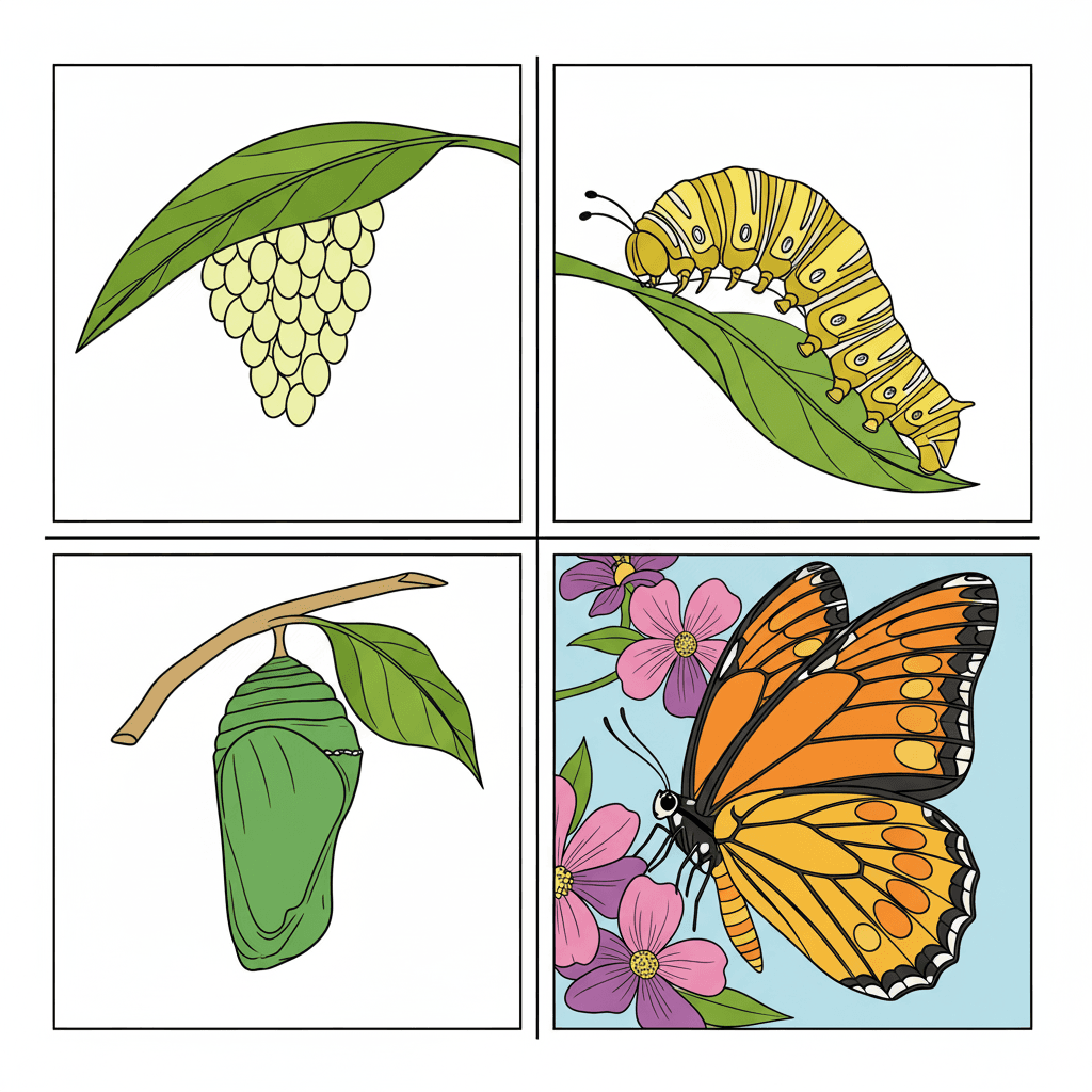 Butterfly life cycle coloring page in four panels: eggs on leaf, caterpillar eating, chrysalis on twig, and adult butterfly near flowers.