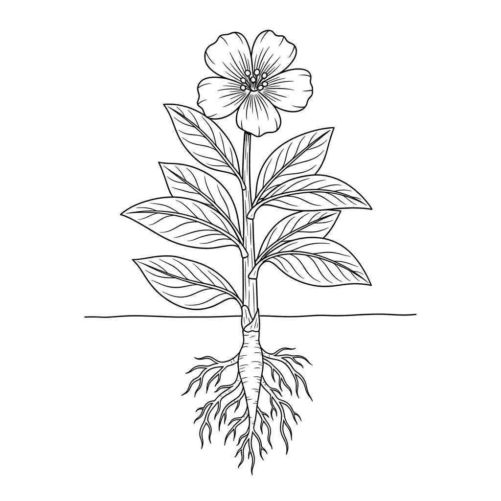 Plant coloring page showing roots, stem, leaves, and flower
