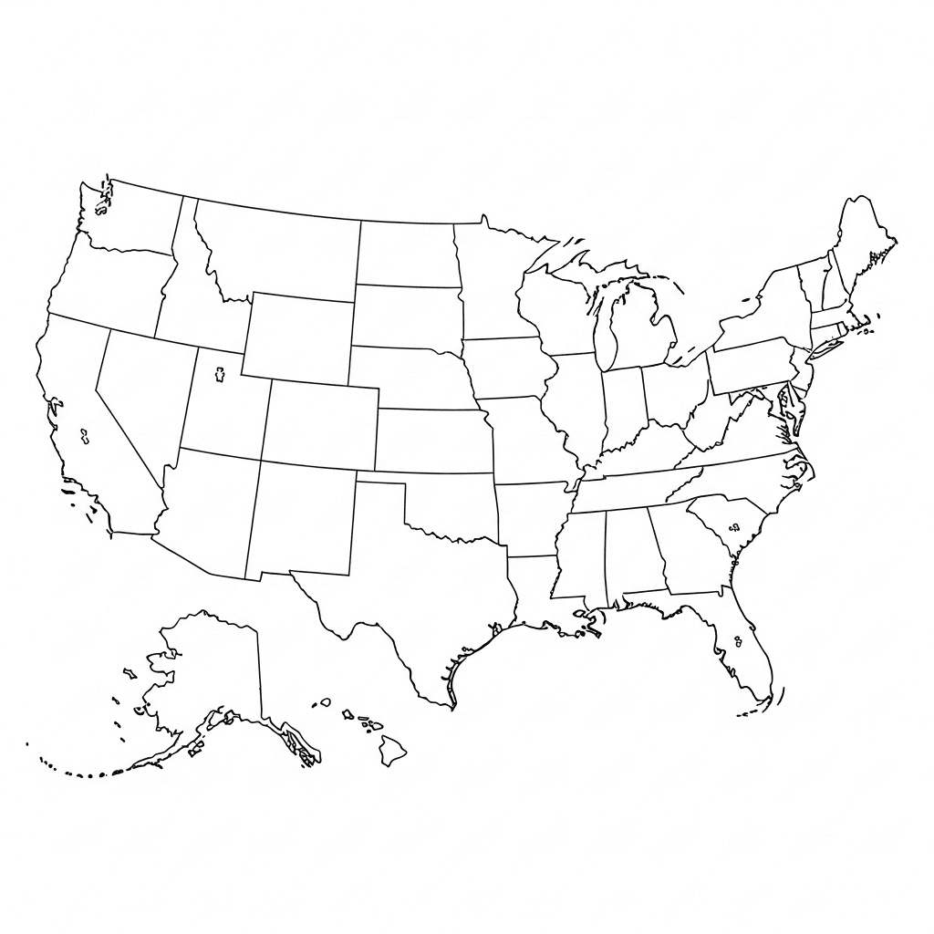 Black-and-white USA map coloring page with outlines of all 50 states, Alaska and Hawaii included, oceans and Great Lakes outlined