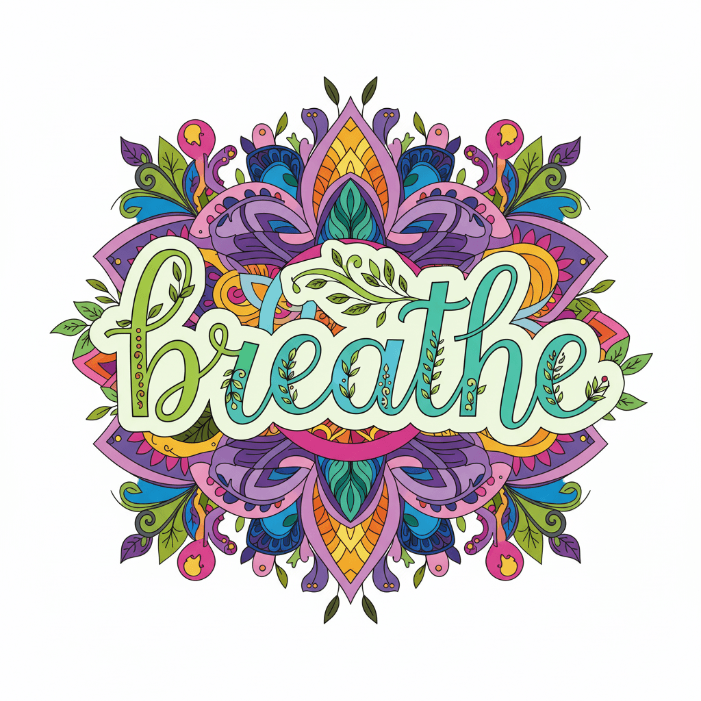 Word 'breathe' in elegant flowing script embellished with delicate swirls, small leaves and tendrils; intricate organic background patterns with stylized florals, gentle wave-like forms, and interlocking abstract geometric shapes