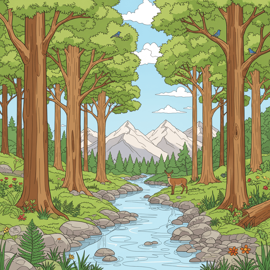 Serene forest with varied trees, a winding stream with reflections and smooth river stones; ferns, moss, scattered wildflowers; small birds on branches; a deer near the water; distant mountains under an open sky