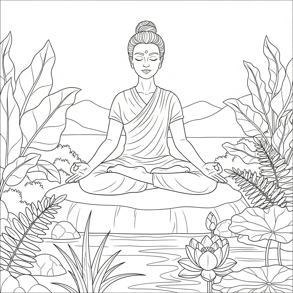 Person in full lotus pose on a smooth rock beside a calm pond, hands in Dhyana Mudra, broad‑leaf plants and ferns around, a blooming lotus near the water, distant soft hills in the background