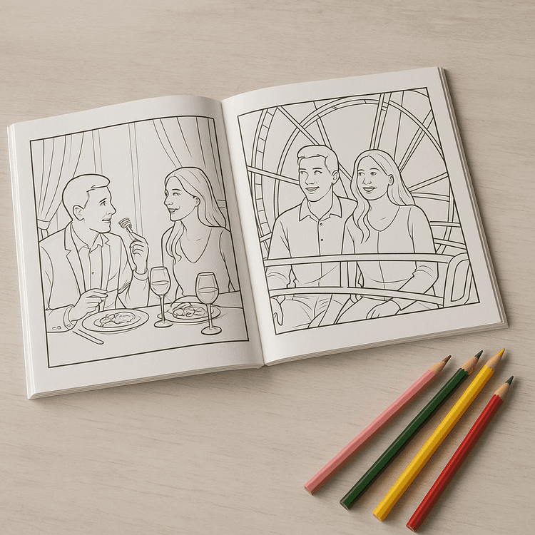 A picture of an open Coloring book with 2 coloring pages representing a couple, eating in a restaurant on the left, and riding a fairwheel on the right