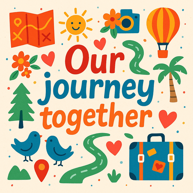 A quote saying 'Our Journey Together' with sticker style elements around: a map, a sun, a camera, a hot air balloon, trees a road, a luggage, hearts, birds