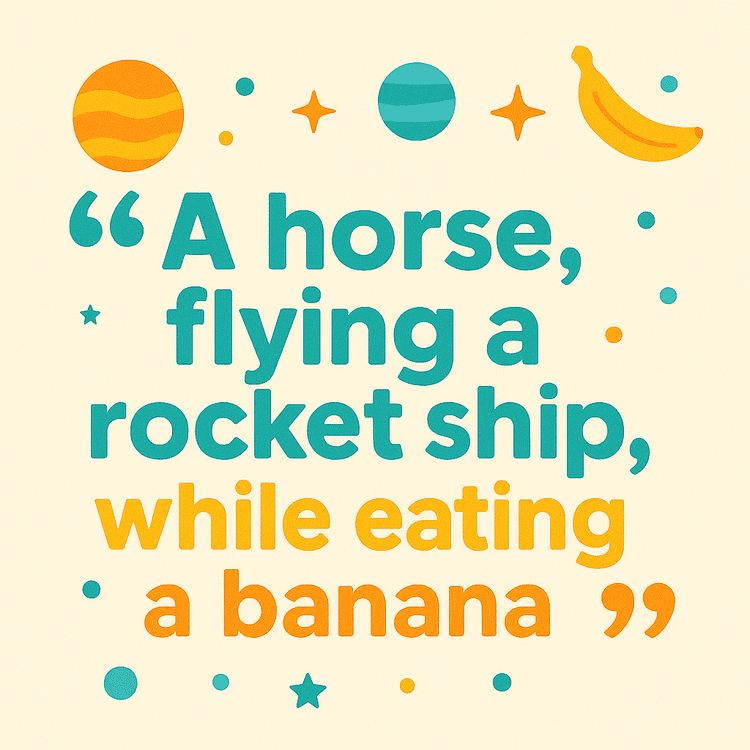 A quote in a space-themed font saying 'A horse flying a rocket ship while eating a banana'