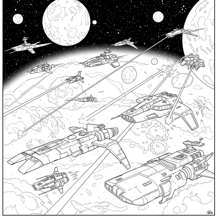 Sample coloring page of a space scene with planets and stars