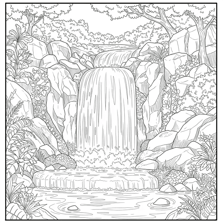 Sample coloring page of a waterfall in nature