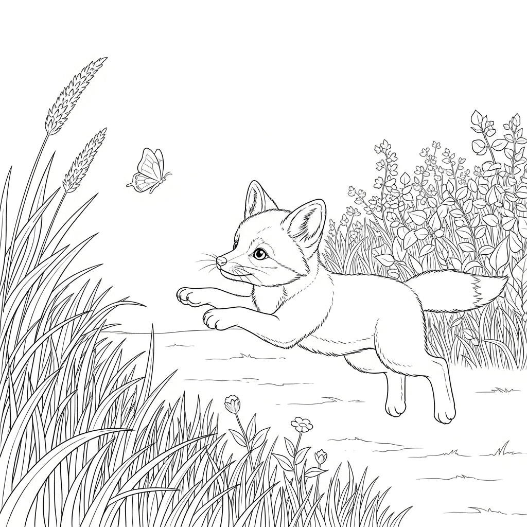 Playful Baby Fox and Butterfly