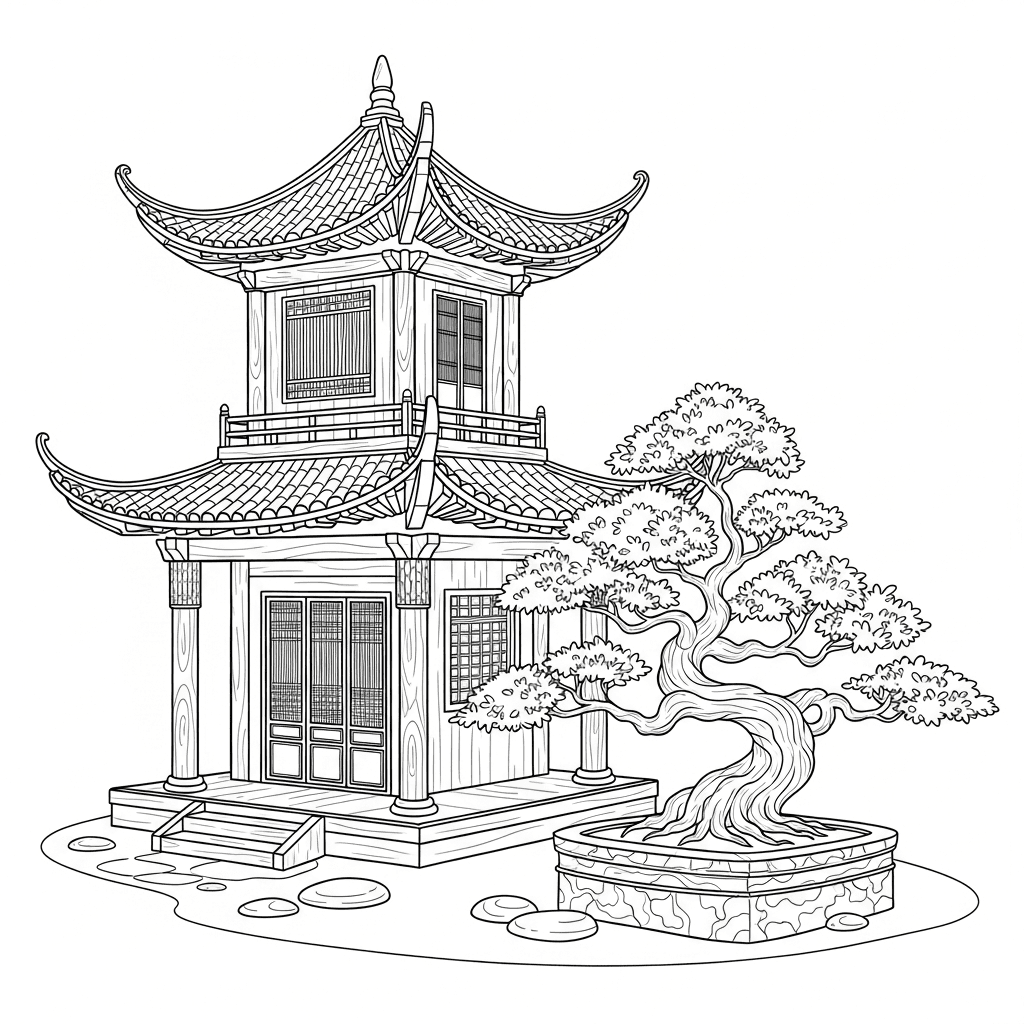 Traditional Asian Building and Bonsai