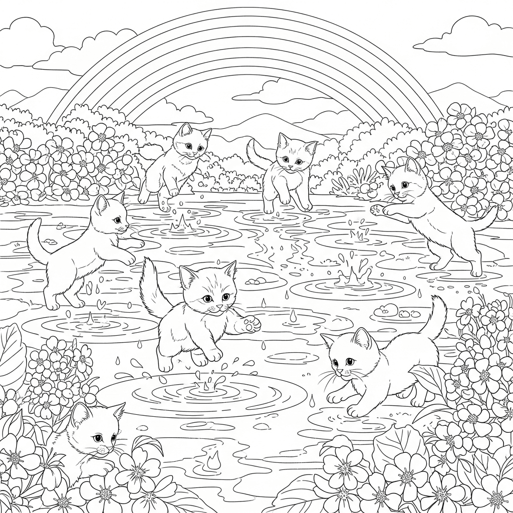 Kittens Play in Spring Rain