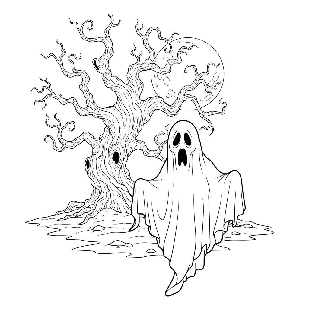 Eerie Ghost Under Moonlit Tree