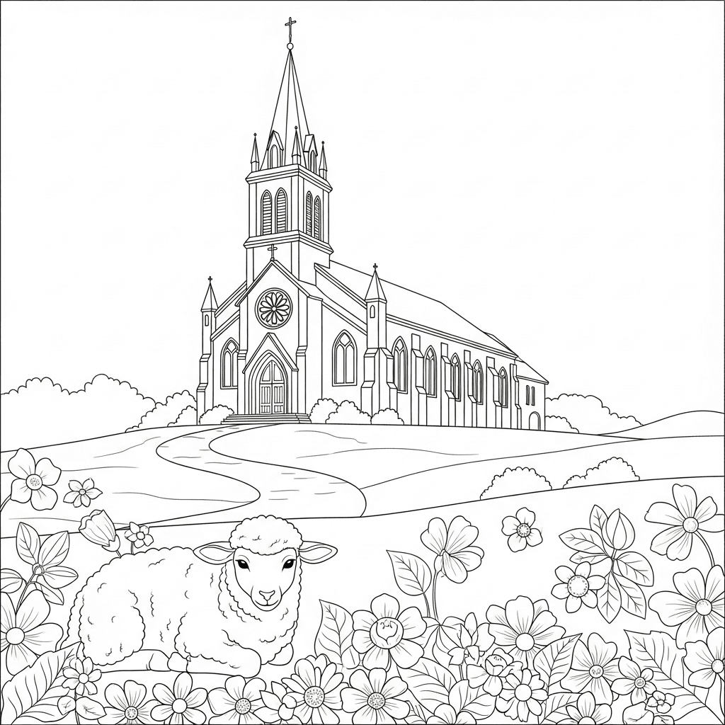 Easter Church, Lamb, and Flowers