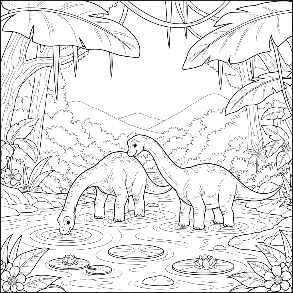 Playful Brachiosaurus Calves Stream