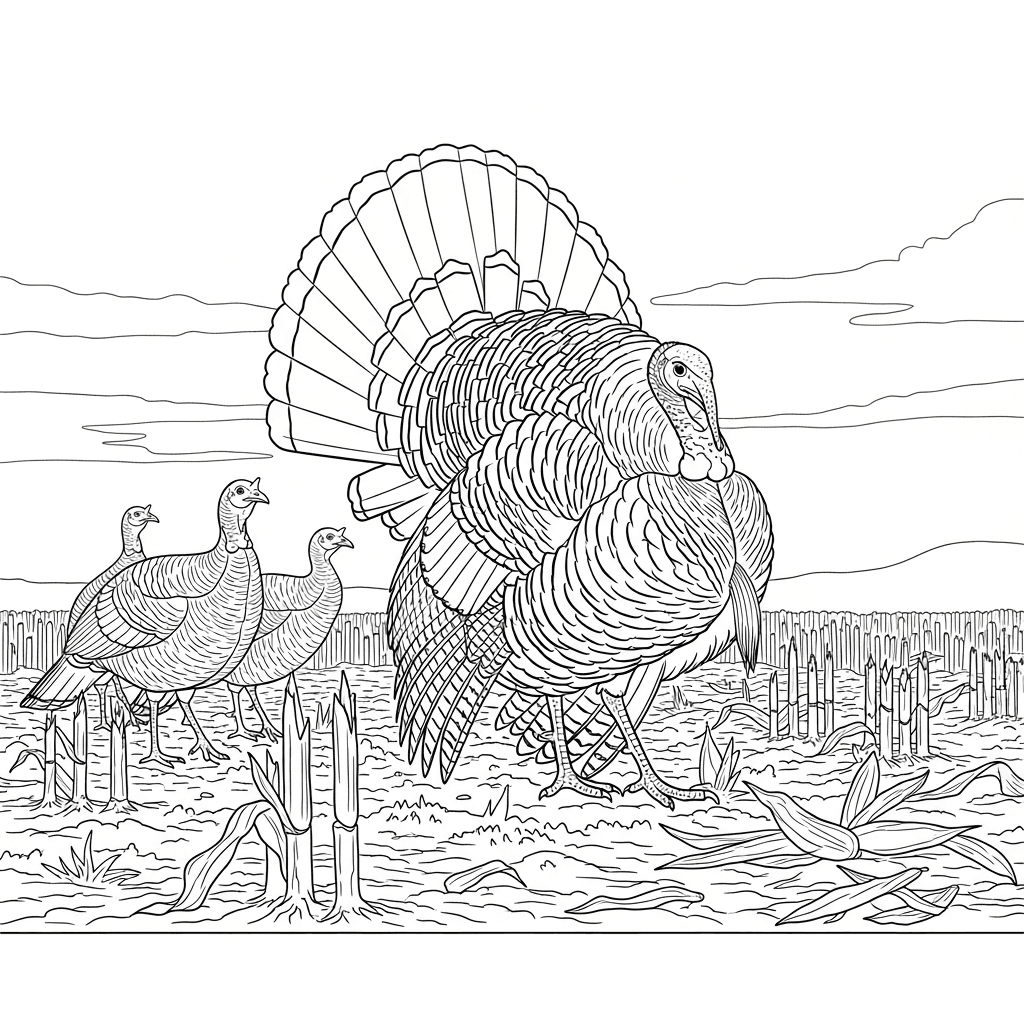 Wild Turkey Display in Cornfield
